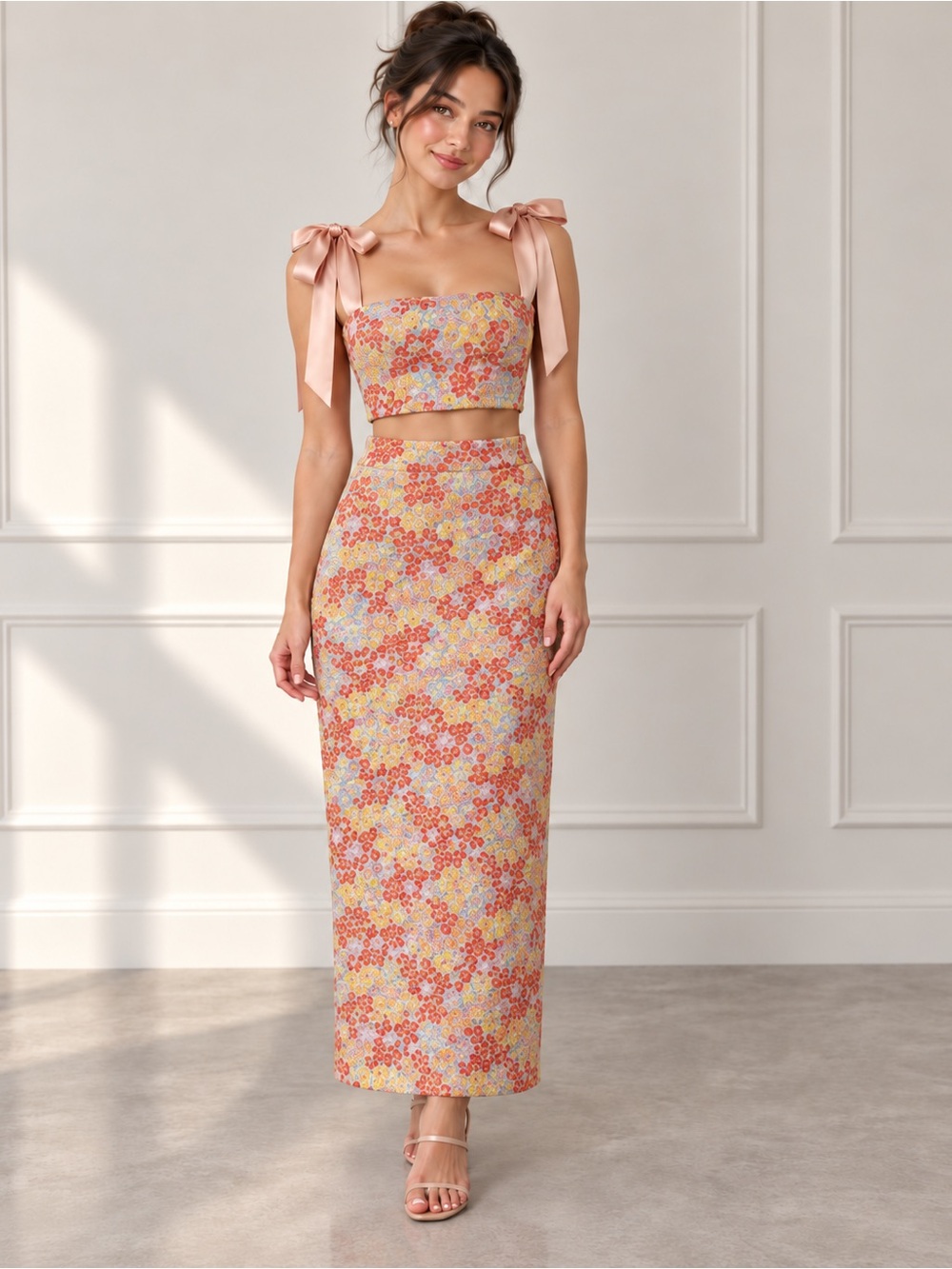 New Lulus Floral Tie-Shoulder Crop Top & Maxi Skirt Set - Pink Multi Homecoming